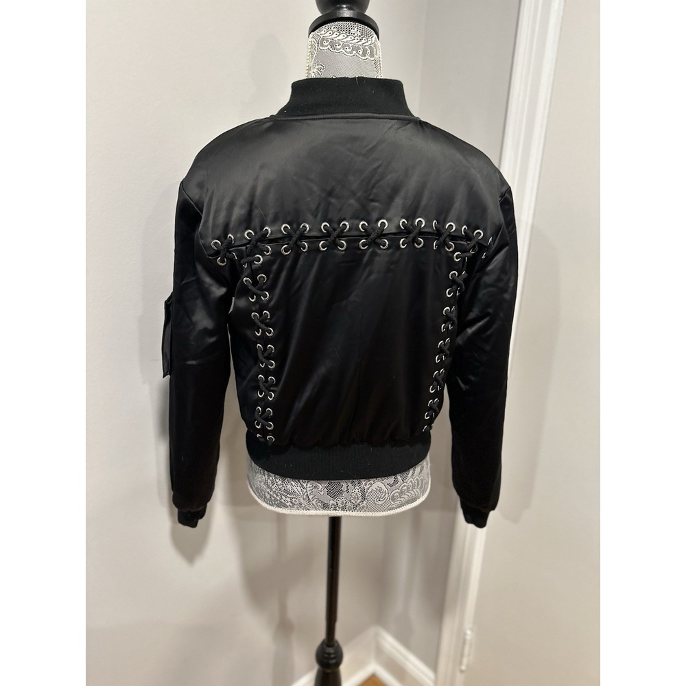 Seek The Label Goth Corset Back Satin Bomber Jacket Sz:S Black Puffer Polyester